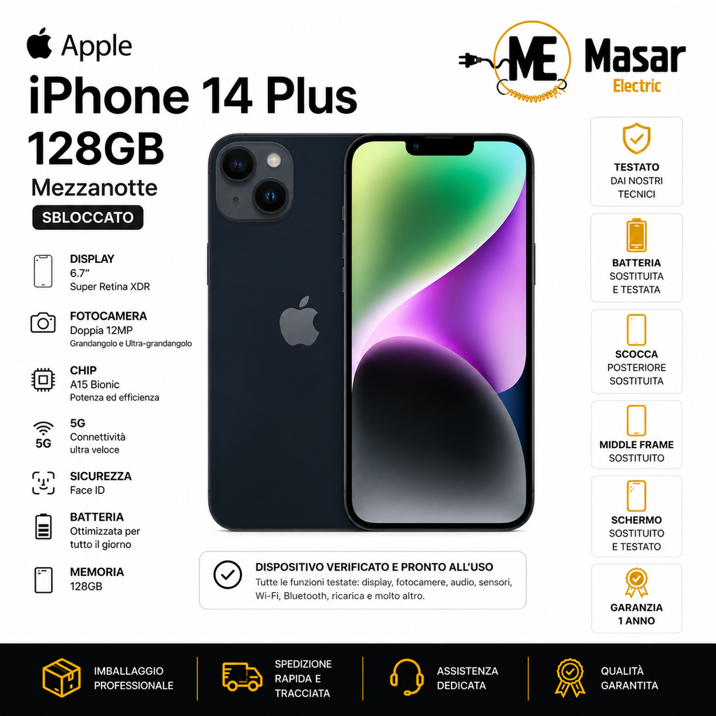 Apple iPhone 14 Plus 128GB Mezzanotte Sbloccato Testato Ottime Condizioni