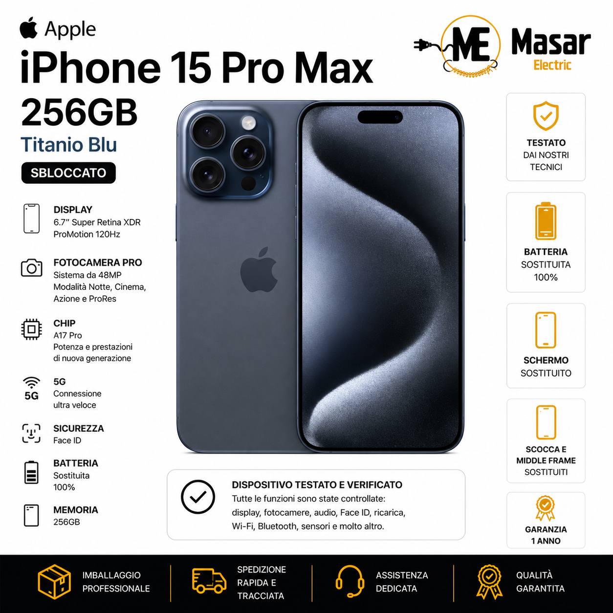 Apple iPhone 15 Pro Max 256GB Titanio Blu Sbloccato Batteria Sostituita