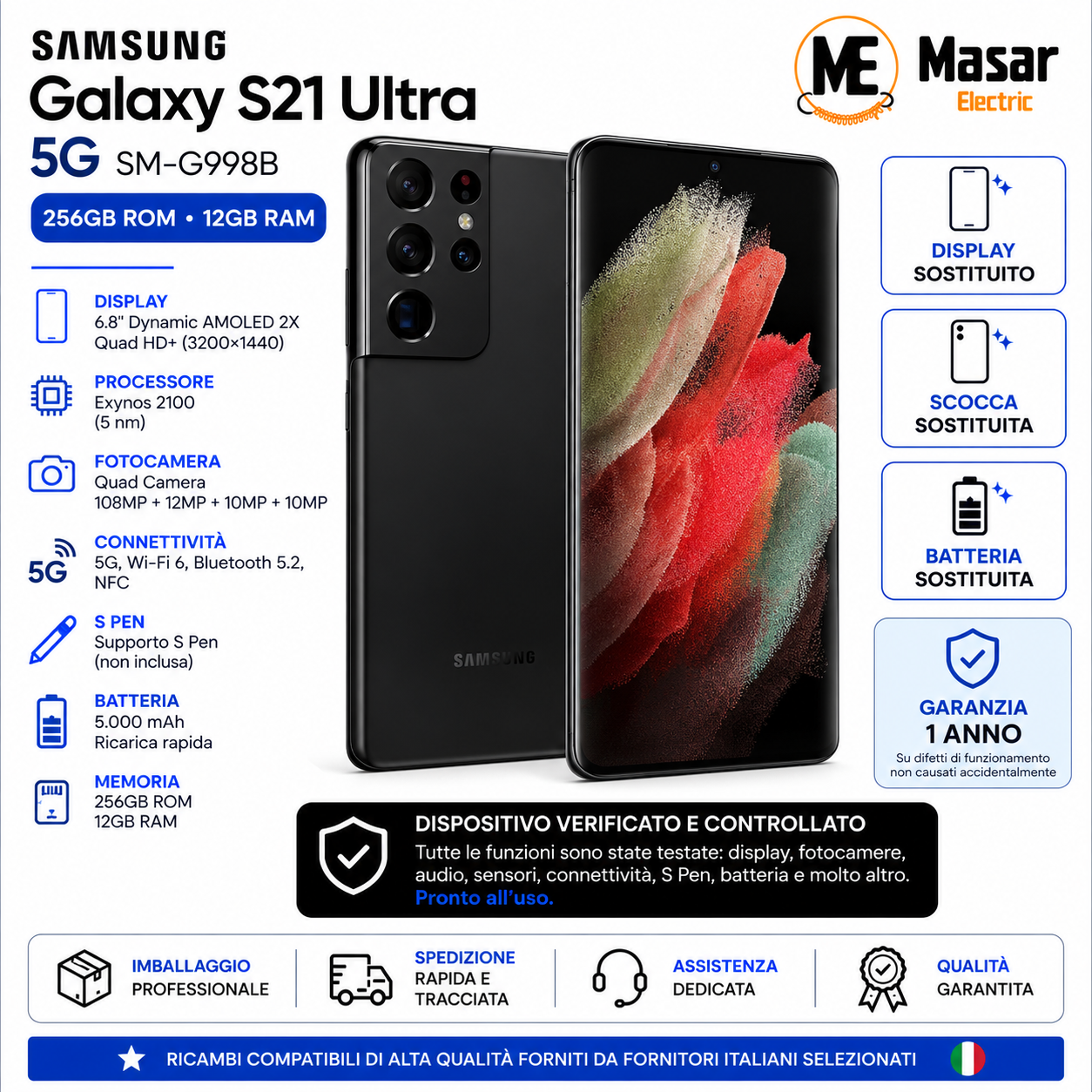 Samsung Galaxy S21 Ultra 5G SM-G998B 256GB Nero 12GB RAM Sbloccato