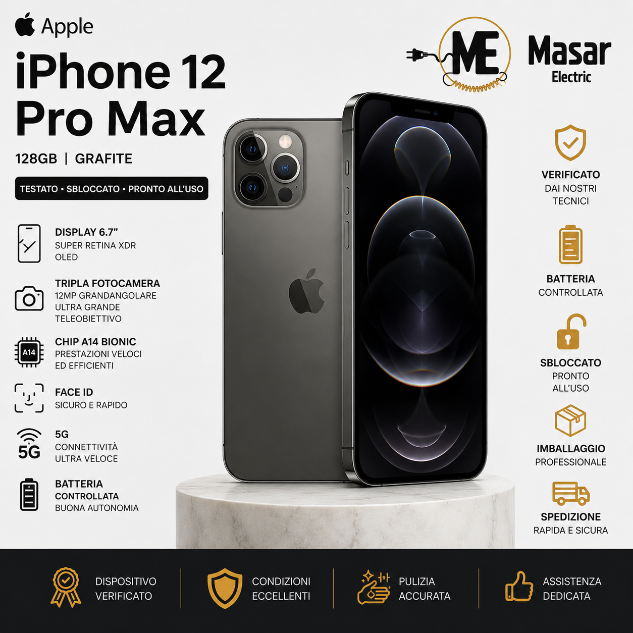 Apple iPhone 12 Pro Max 128GB Grafite Testato Sbloccato Ottime Condizioni