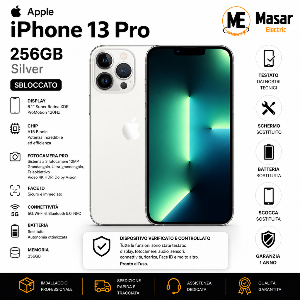 Apple iPhone 13 Pro 256GB Silver Sbloccato Schermo e Batteria Sostituiti