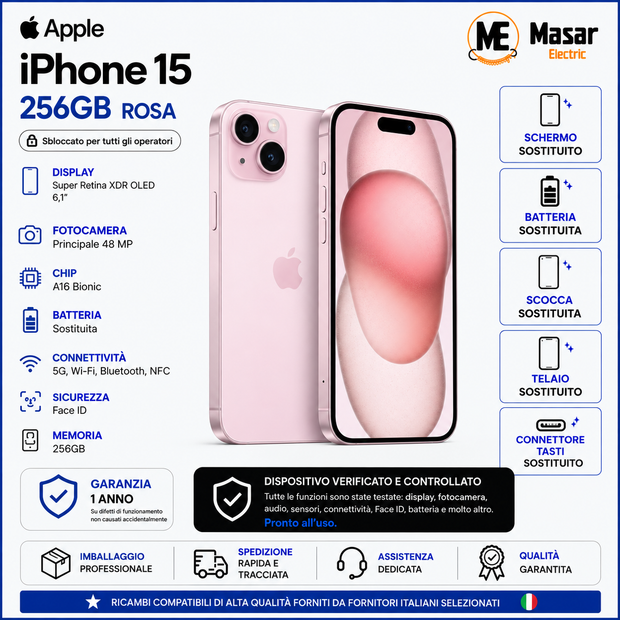 Apple iPhone 15 256GB Rosa 5G – Testato Masar Electric