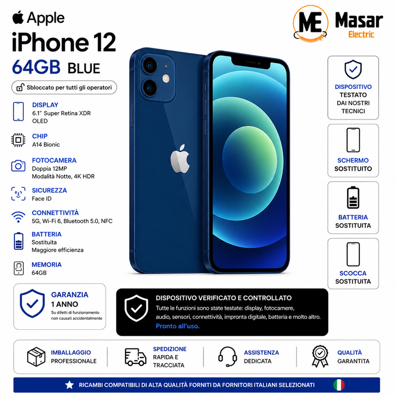 Apple iPhone 12 64GB Blu Sbloccato Testato Come Nuovo