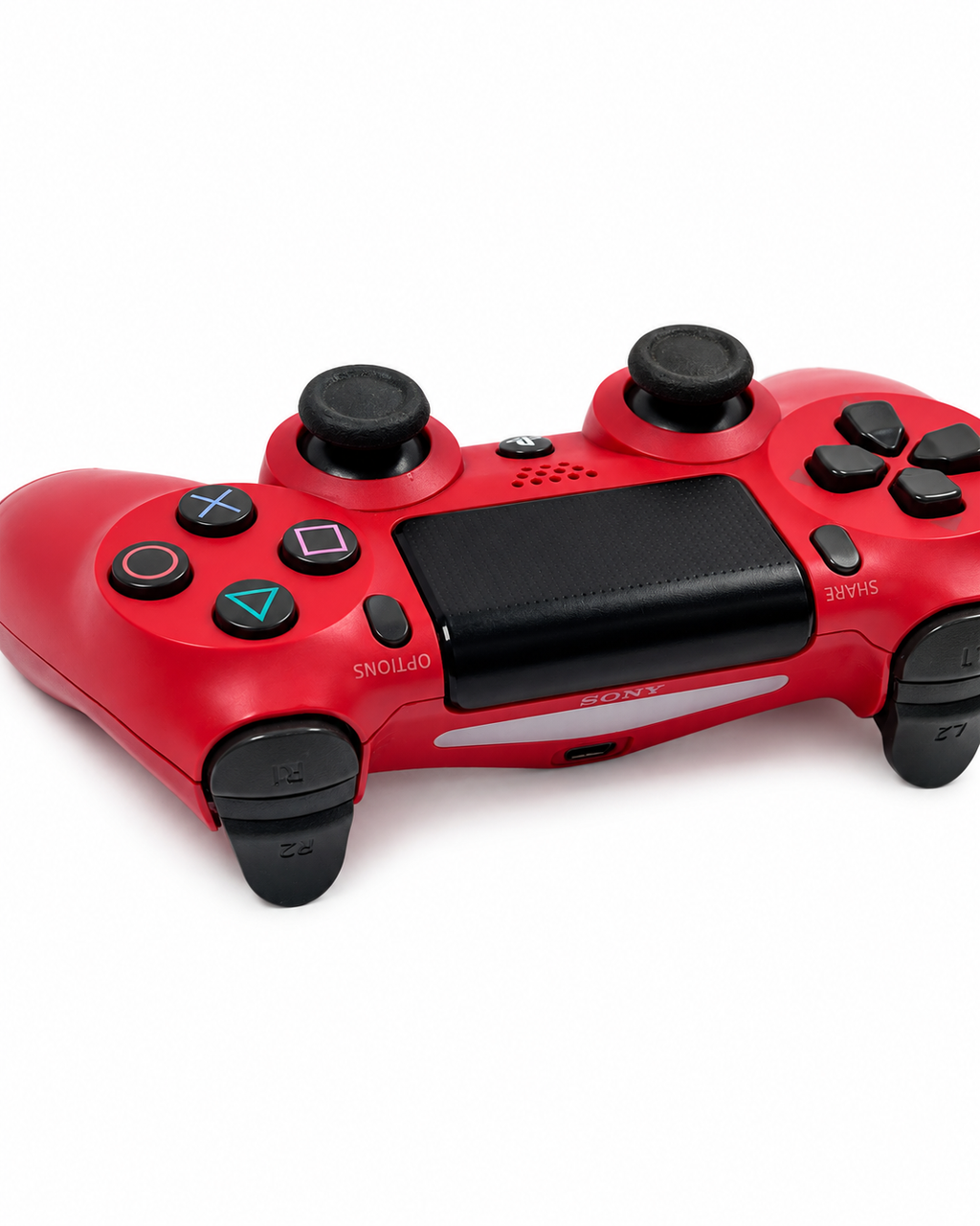 Dettaglio frontale sinistro controller Sony DualShock 4 V2 rosso