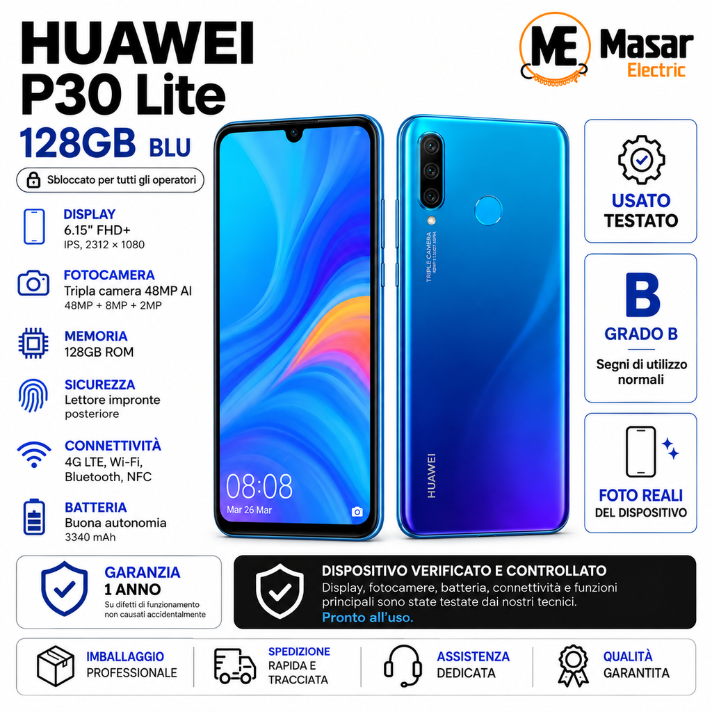 Huawei P30 Lite 128GB Peacock Blue 4GB RAM Grado B - copertina commerciale