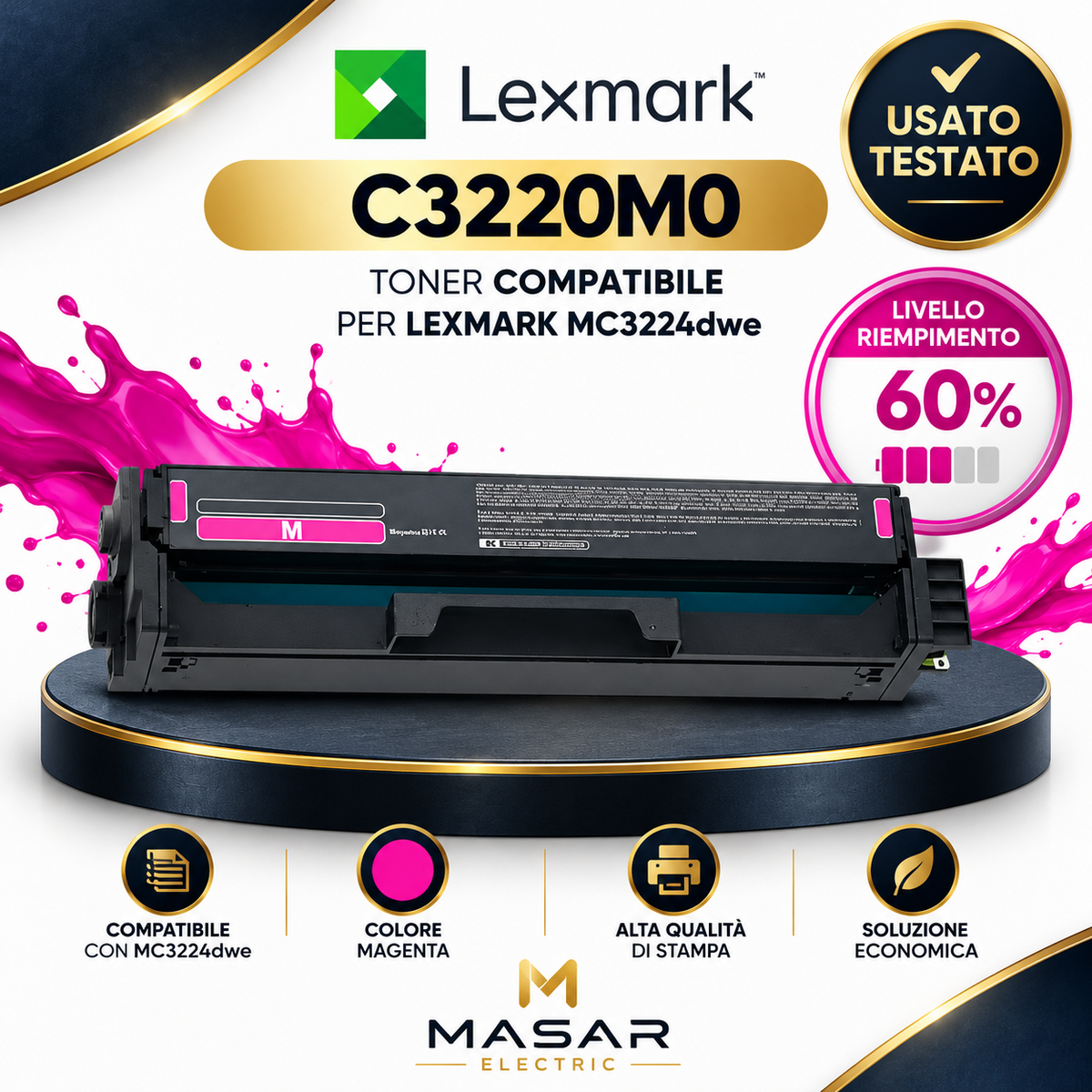 Toner compatibile non originale magenta per Lexmark MC3224dwe equivalente C3220M0, residuo circa 60%