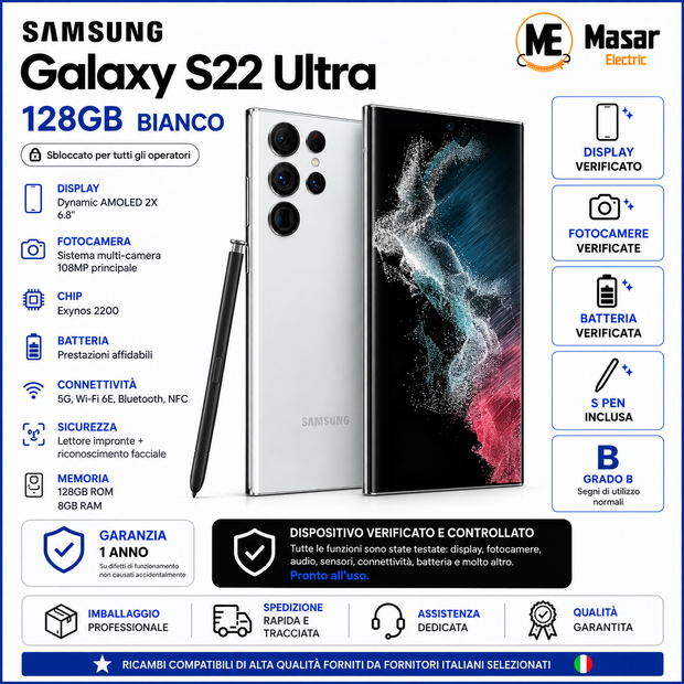 Samsung Galaxy S22 Ultra 5G 128GB Bianco 8GB RAM – Come Nuovo – Ricondizionato – Display Scocca e Batteria Sostituiti